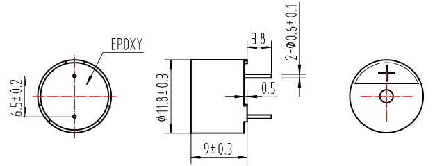 2.尺寸图 单位: mm *基本公差: 除特殊注明外,一般公差为0.5mm *外壳材料:Black PPO 3.电性能及声音测试条件 测试电路 测试装置 谐振频率是占空比为50% 的方波,信号电压要足够让晶体管饱和工作。 4.频响曲线 在5Vo-p占空比为50%的方波,测试距离为10cm的条件 5.可靠性测试 在下面任何一项测试后都要符合以下标准,外观和电性能(除声压外)上不能有不良或衰减现象出现,声压不能低于规格说明书的最低声压的10dB。 寿命测试 将测试件置于2510的温度下,输入额定电压